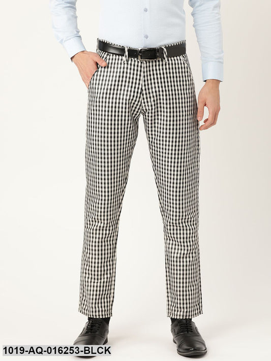 Men's Cotton Blend Black & White Checked Formal Trousers