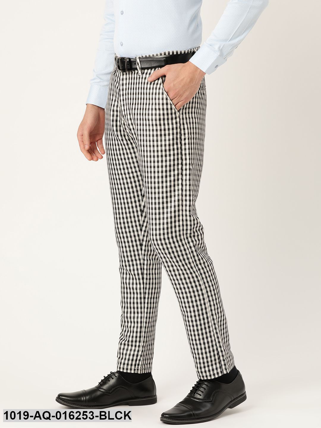 Men's Cotton Blend Black & White Checked Formal Trousers