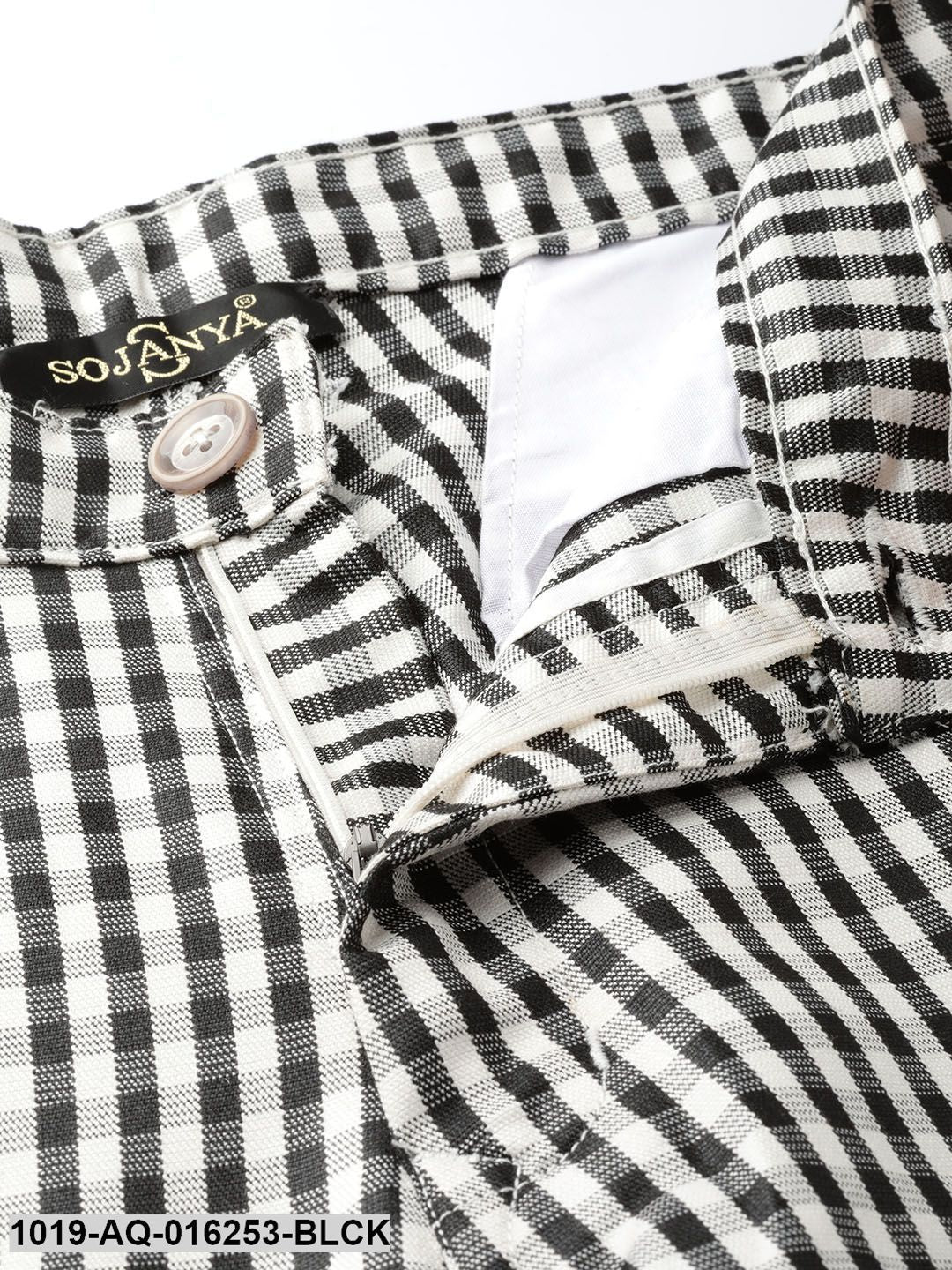 Men's Cotton Blend Black & White Checked Formal Trousers