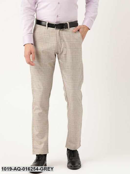 Men's Cotton Blend Light Grey & Navy Checked Formal Trousers