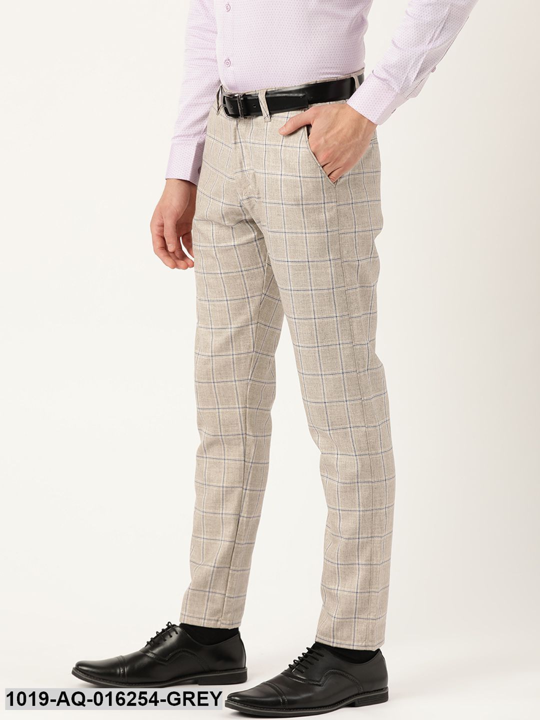 Men's Cotton Blend Light Grey & Navy Checked Formal Trousers