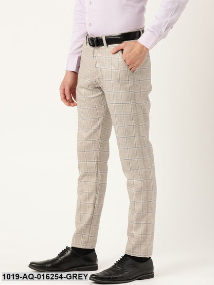 Men's Cotton Blend Light Grey & Navy Checked Formal Trousers