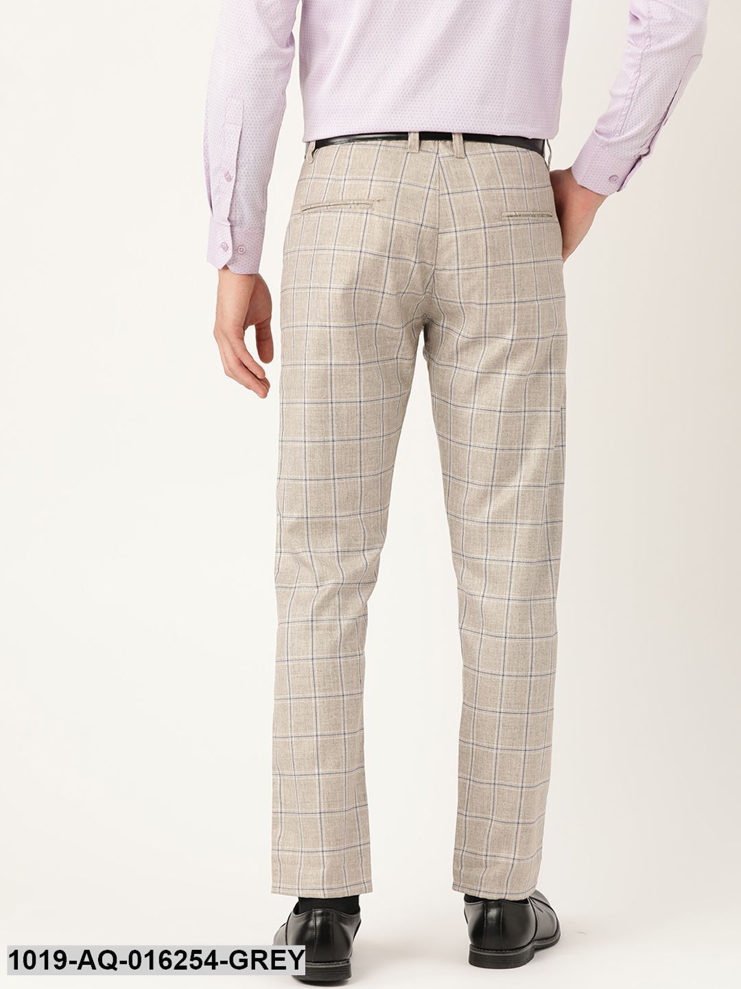 Men's Cotton Blend Light Grey & Navy Checked Formal Trousers