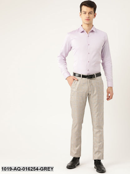 Men's Cotton Blend Light Grey & Navy Checked Formal Trousers