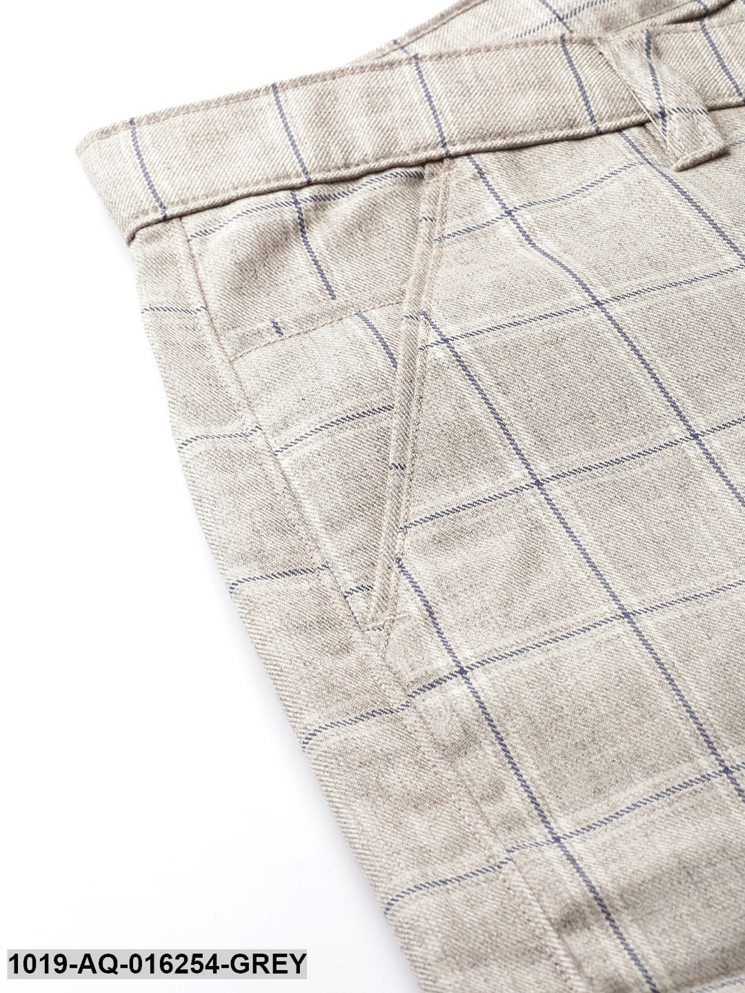 Men's Cotton Blend Light Grey & Navy Checked Formal Trousers