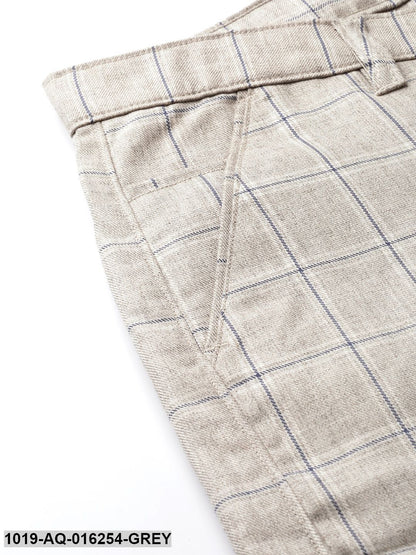 Men's Cotton Blend Light Grey & Navy Checked Formal Trousers