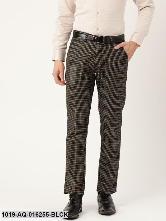 Men's Cotton Blend Black & Beige Checked Formal Trousers