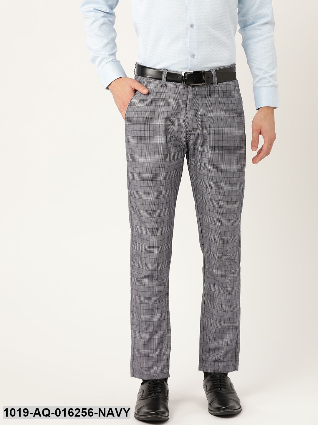 Men's Cotton Blend Navy Blue & Off White Checked Formal Trousers