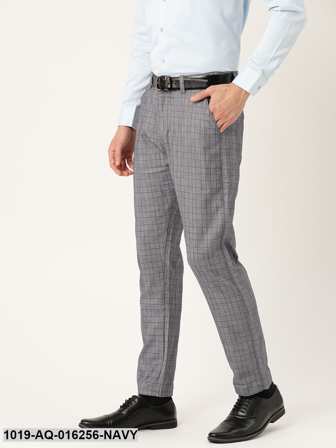 Men's Cotton Blend Navy Blue & Off White Checked Formal Trousers