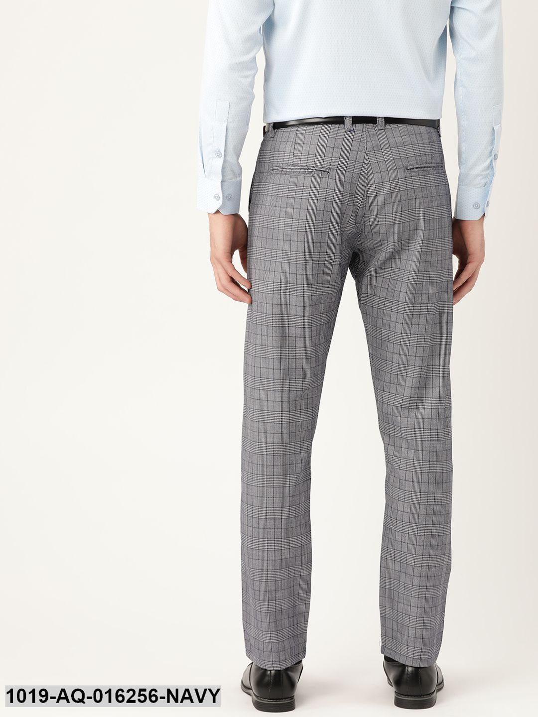 Men's Cotton Blend Navy Blue & Off White Checked Formal Trousers