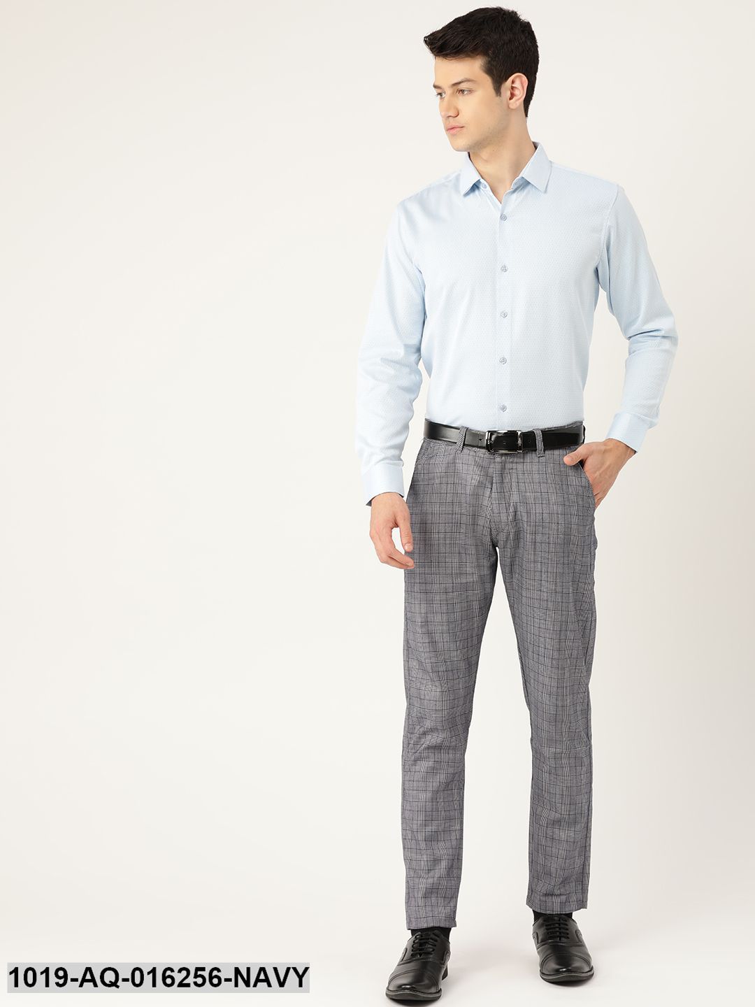 Men's Cotton Blend Navy Blue & Off White Checked Formal Trousers