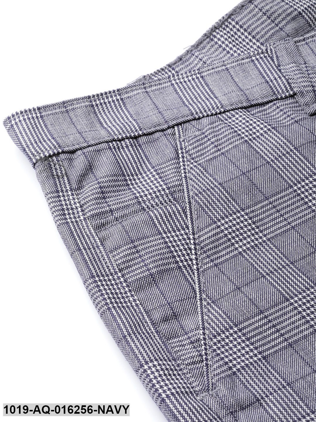 Men's Cotton Blend Navy Blue & Off White Checked Formal Trousers