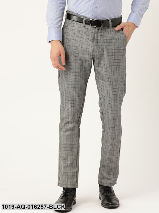 Men's Cotton Blend Black & Off White Checked Formal Trousers