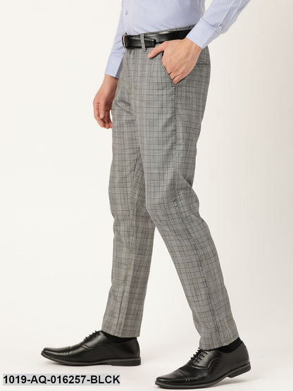 Men's Cotton Blend Black & Off White Checked Formal Trousers