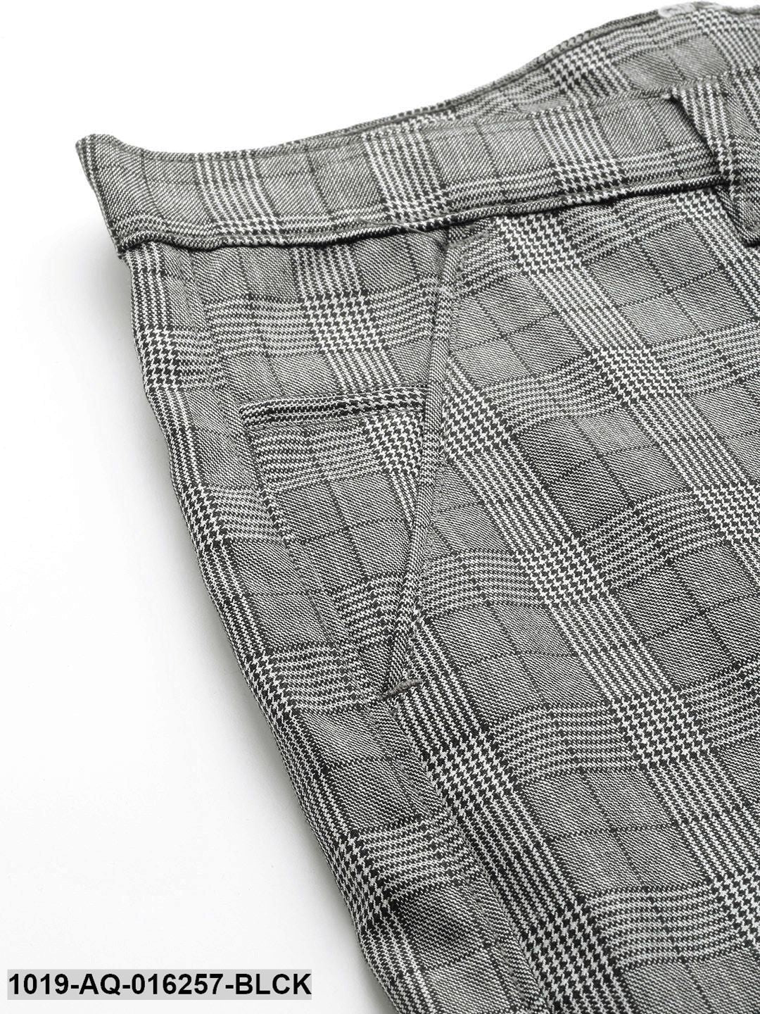 Men's Cotton Blend Black & Off White Checked Formal Trousers