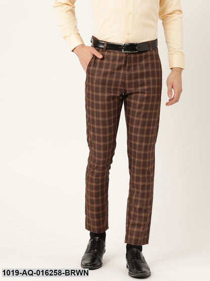 Men's Cotton Blend Brown & Mustard Checked Formal Trousers