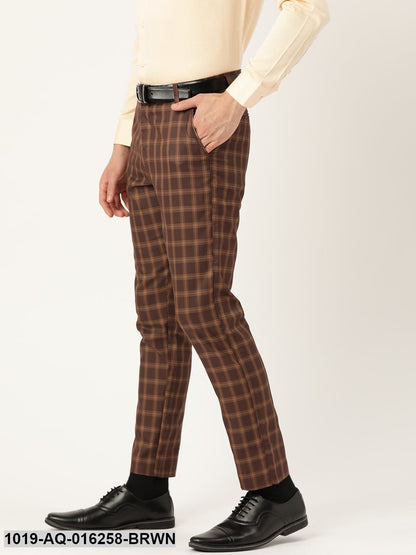 Men's Cotton Blend Brown & Mustard Checked Formal Trousers