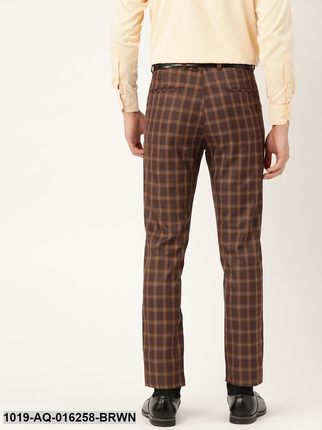 Men's Cotton Blend Brown & Mustard Checked Formal Trousers