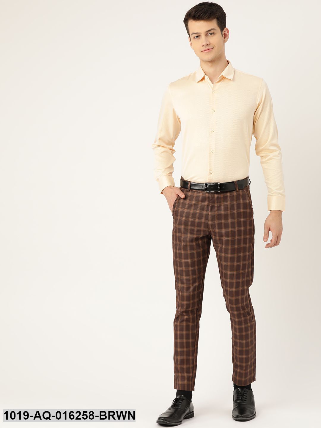 Men's Cotton Blend Brown & Mustard Checked Formal Trousers