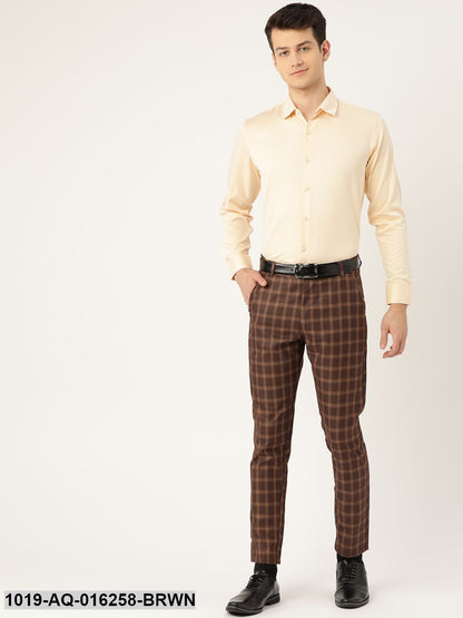 Men's Cotton Blend Brown & Mustard Checked Formal Trousers