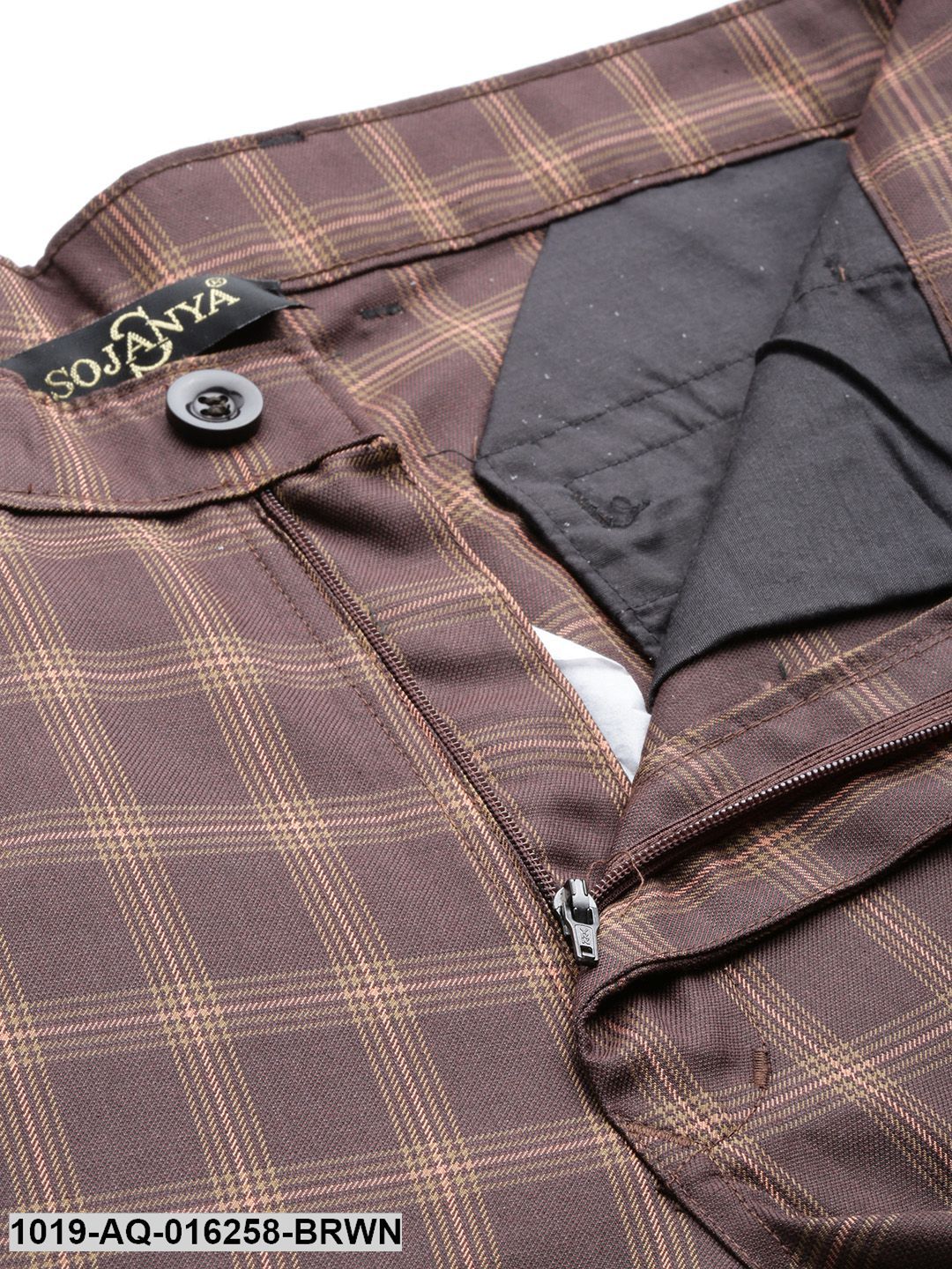 Men's Cotton Blend Brown & Mustard Checked Formal Trousers