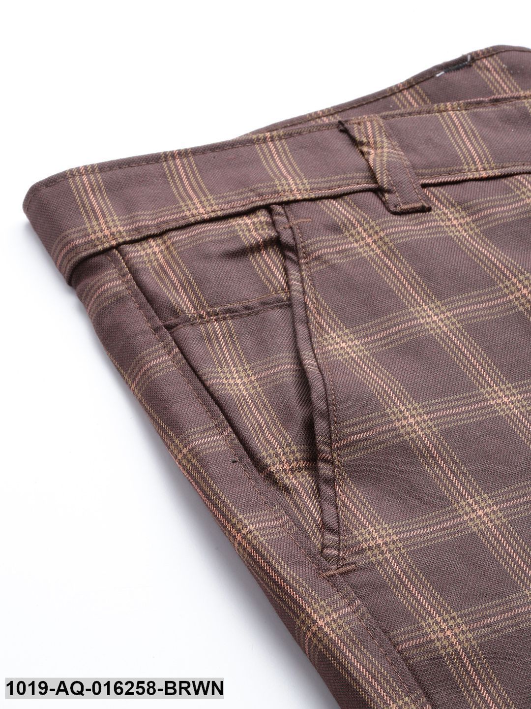 Men's Cotton Blend Brown & Mustard Checked Formal Trousers