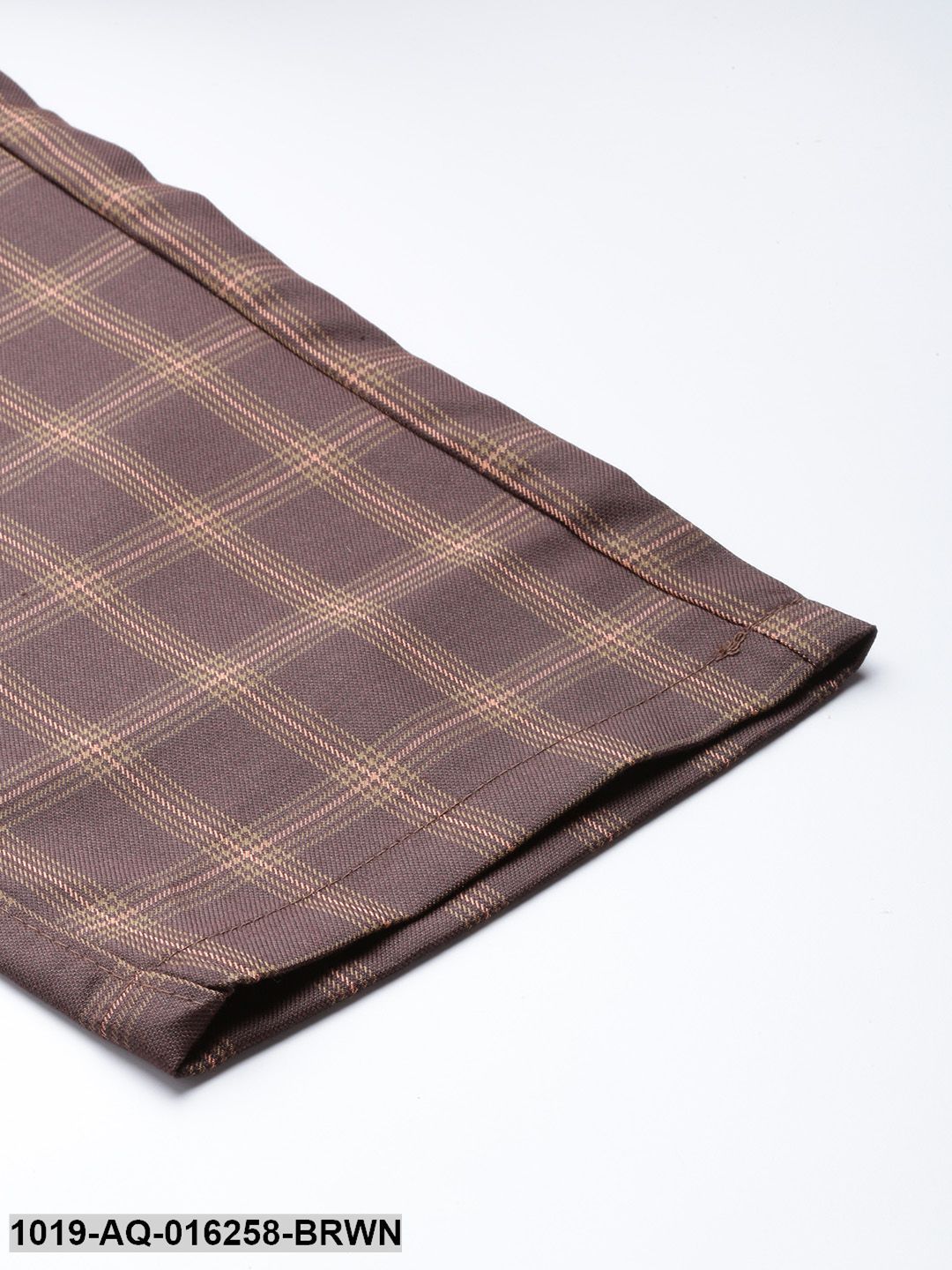 Men's Cotton Blend Brown & Mustard Checked Formal Trousers