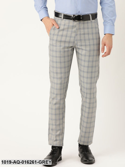 Men's Cotton Blend Grey & Blue Checked Formal Trousers