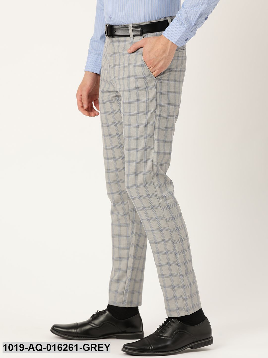 Men's Cotton Blend Grey & Blue Checked Formal Trousers