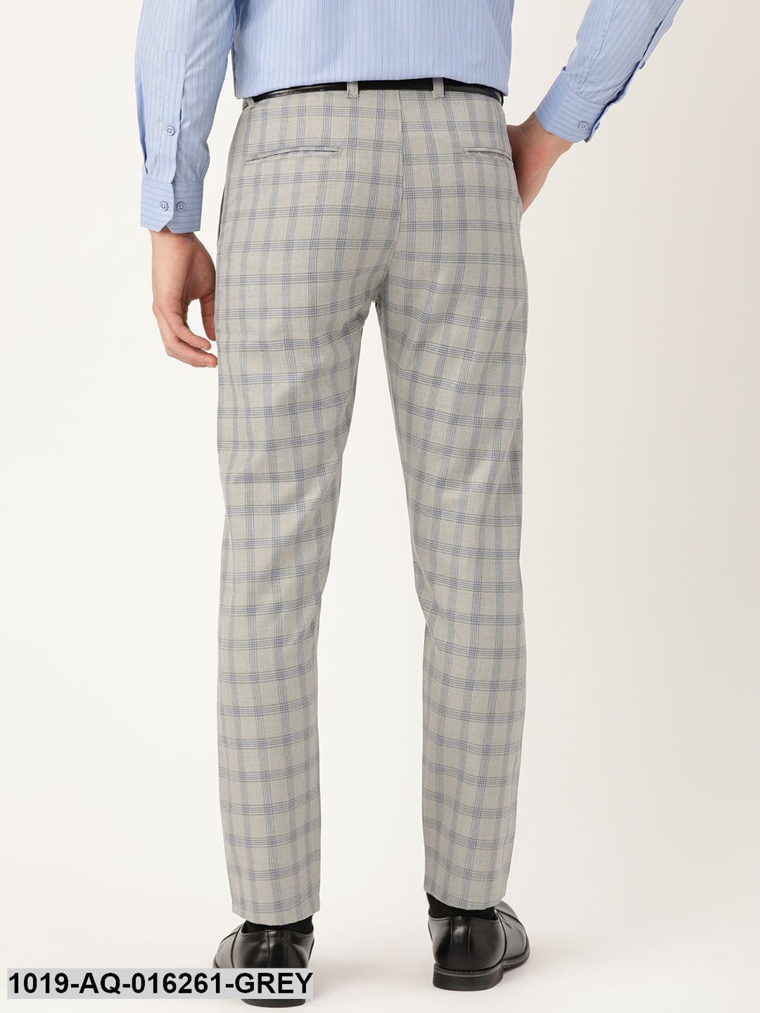 Men's Cotton Blend Grey & Blue Checked Formal Trousers