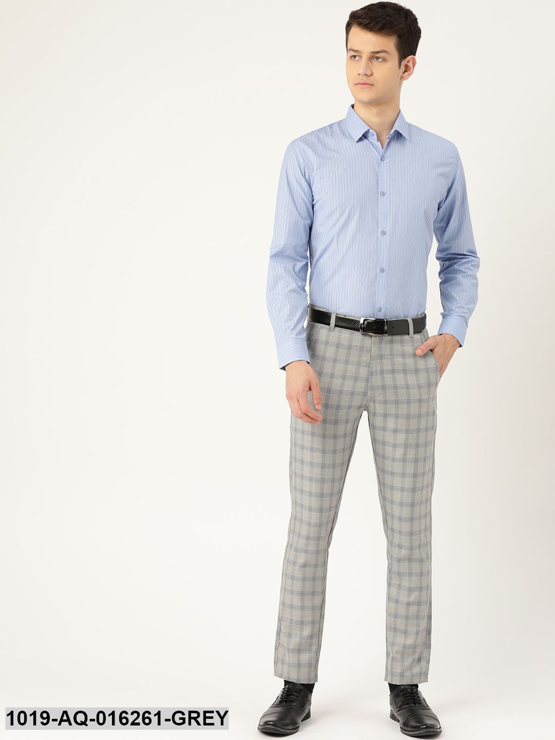 Men's Cotton Blend Grey & Blue Checked Formal Trousers