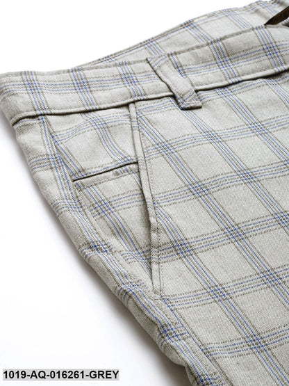 Men's Cotton Blend Grey & Blue Checked Formal Trousers