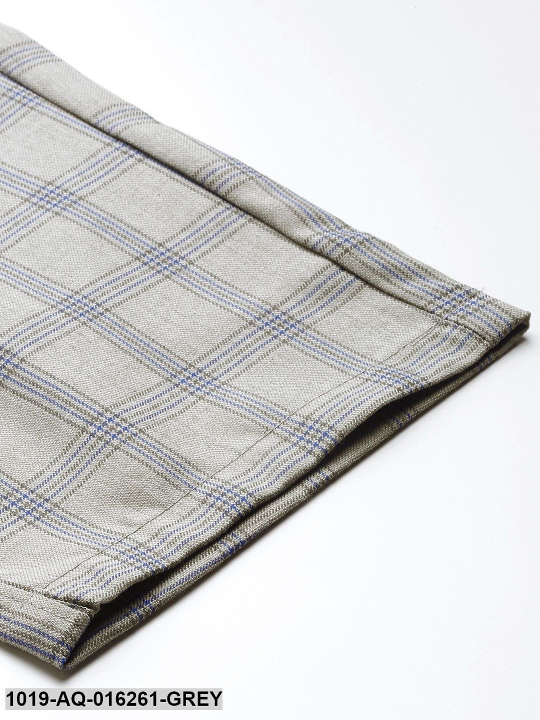 Men's Cotton Blend Grey & Blue Checked Formal Trousers