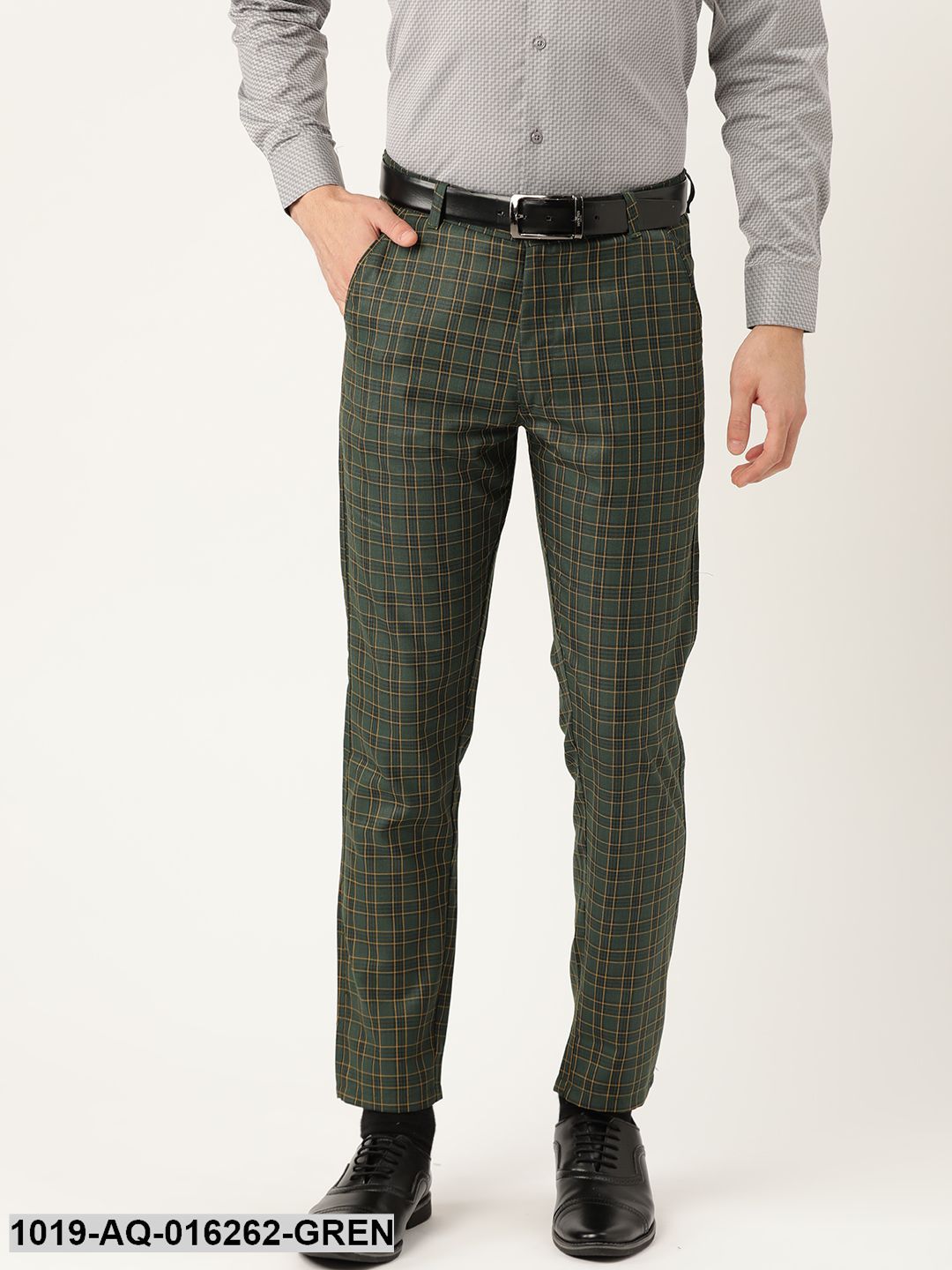 Men's Cotton Blend Dark Green & Yellow Checked Formal Trousers