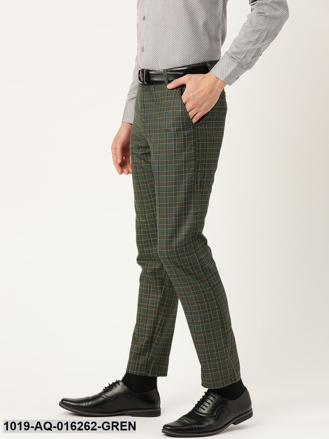 Men's Cotton Blend Dark Green & Yellow Checked Formal Trousers