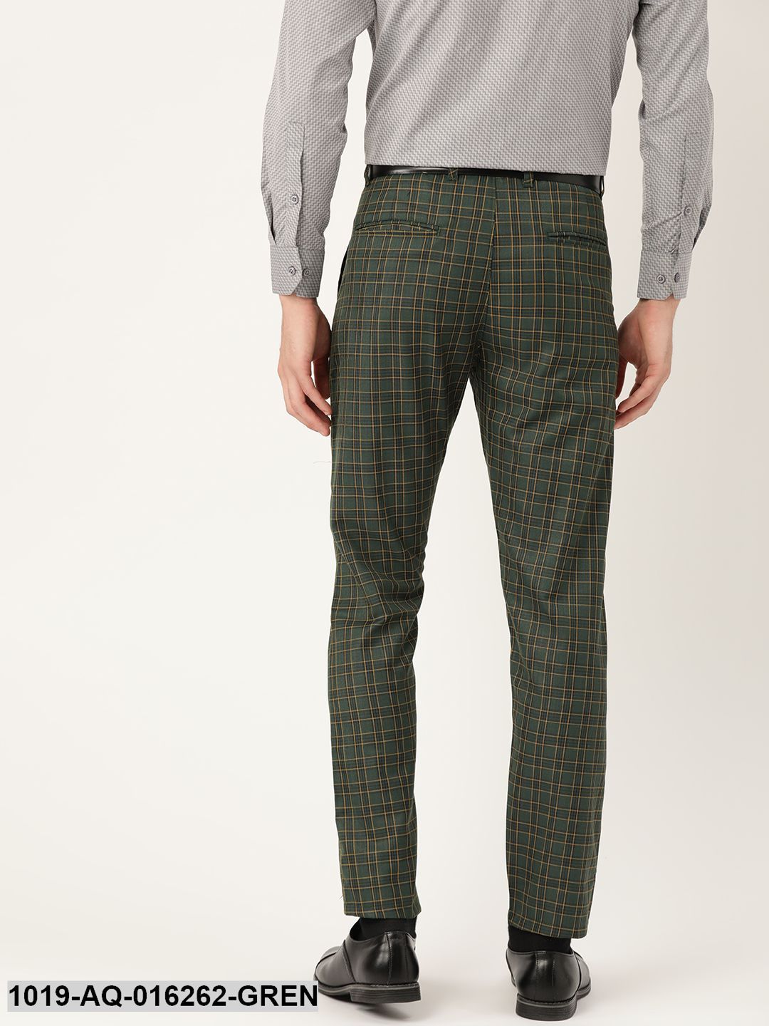 Men's Cotton Blend Dark Green & Yellow Checked Formal Trousers