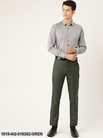 Men's Cotton Blend Dark Green & Yellow Checked Formal Trousers