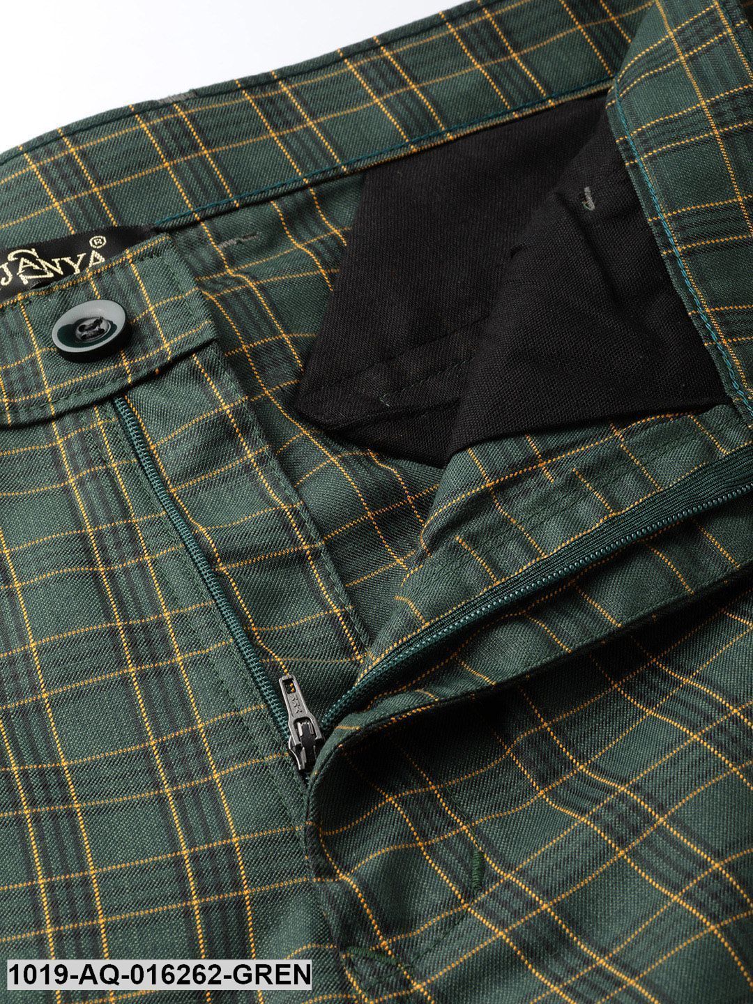 Men's Cotton Blend Dark Green & Yellow Checked Formal Trousers