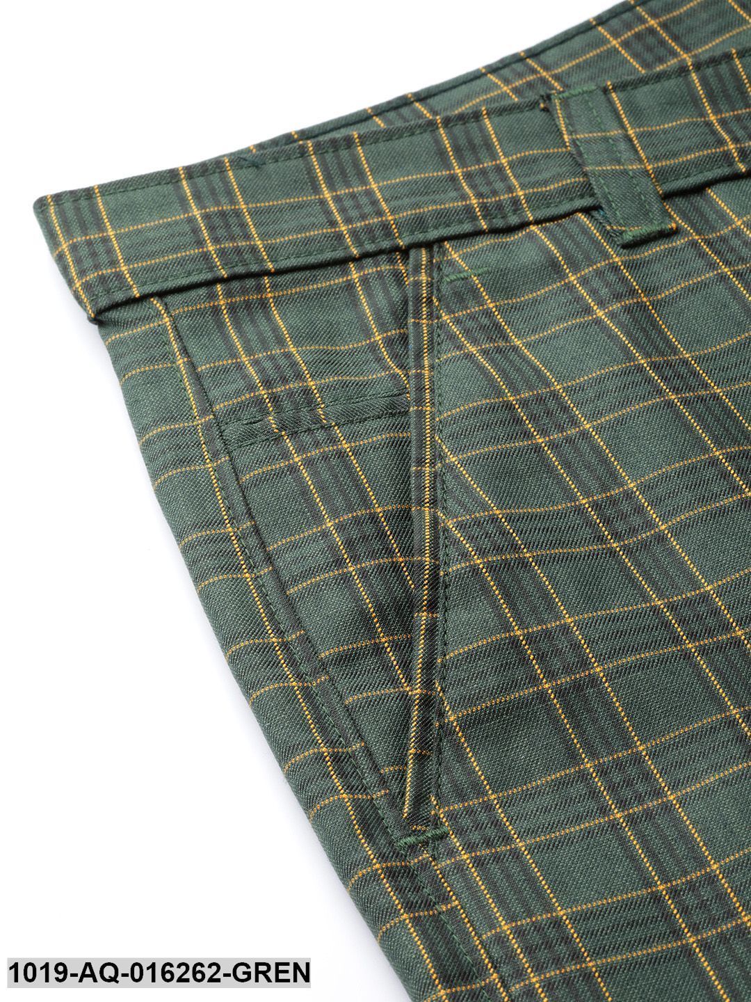 Men's Cotton Blend Dark Green & Yellow Checked Formal Trousers