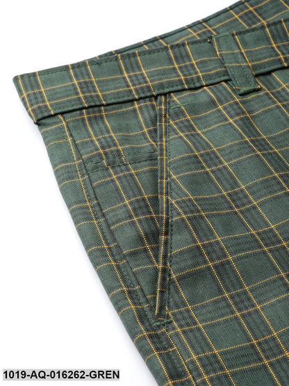 Men's Cotton Blend Dark Green & Yellow Checked Formal Trousers