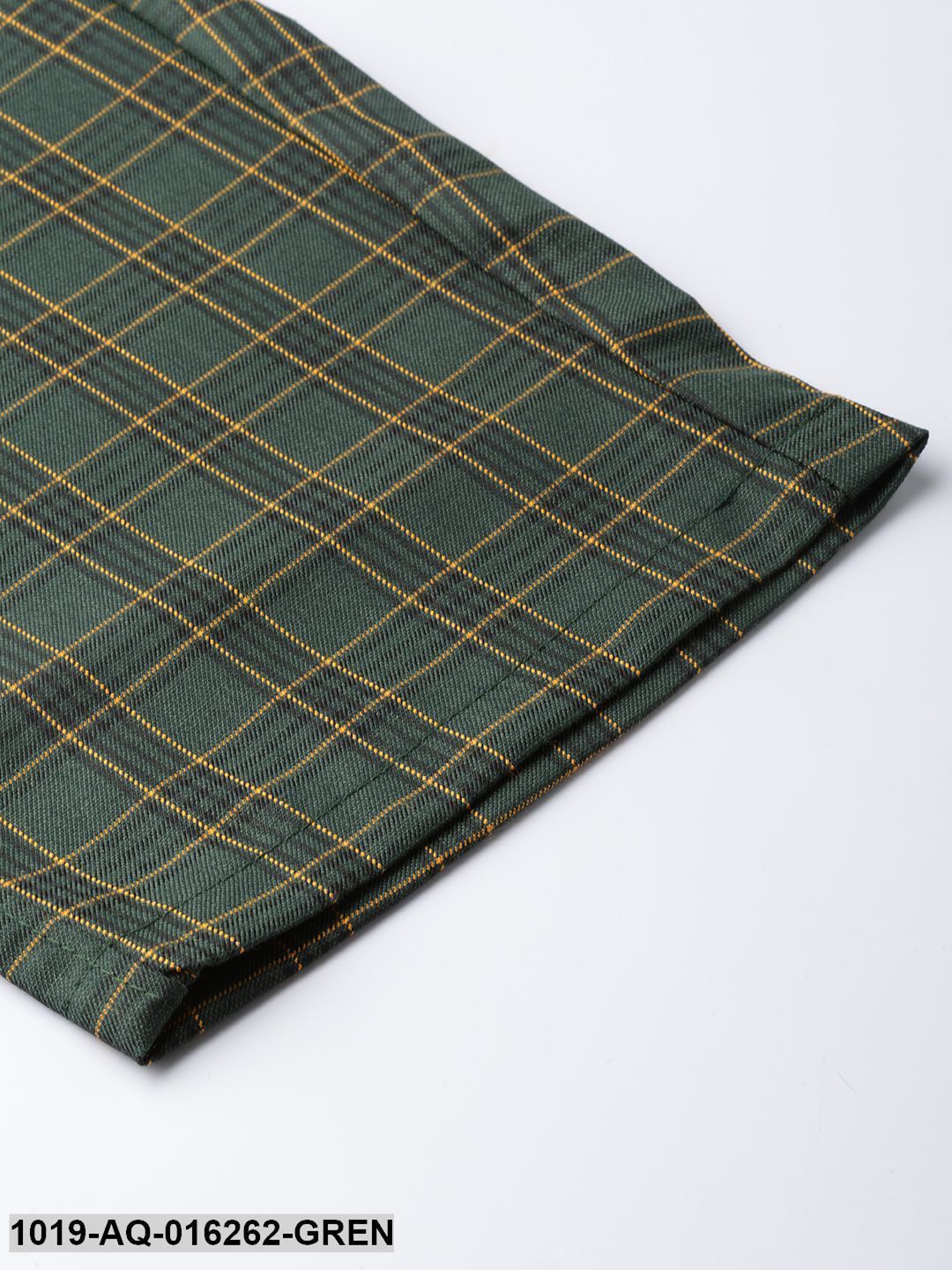 Men's Cotton Blend Dark Green & Yellow Checked Formal Trousers