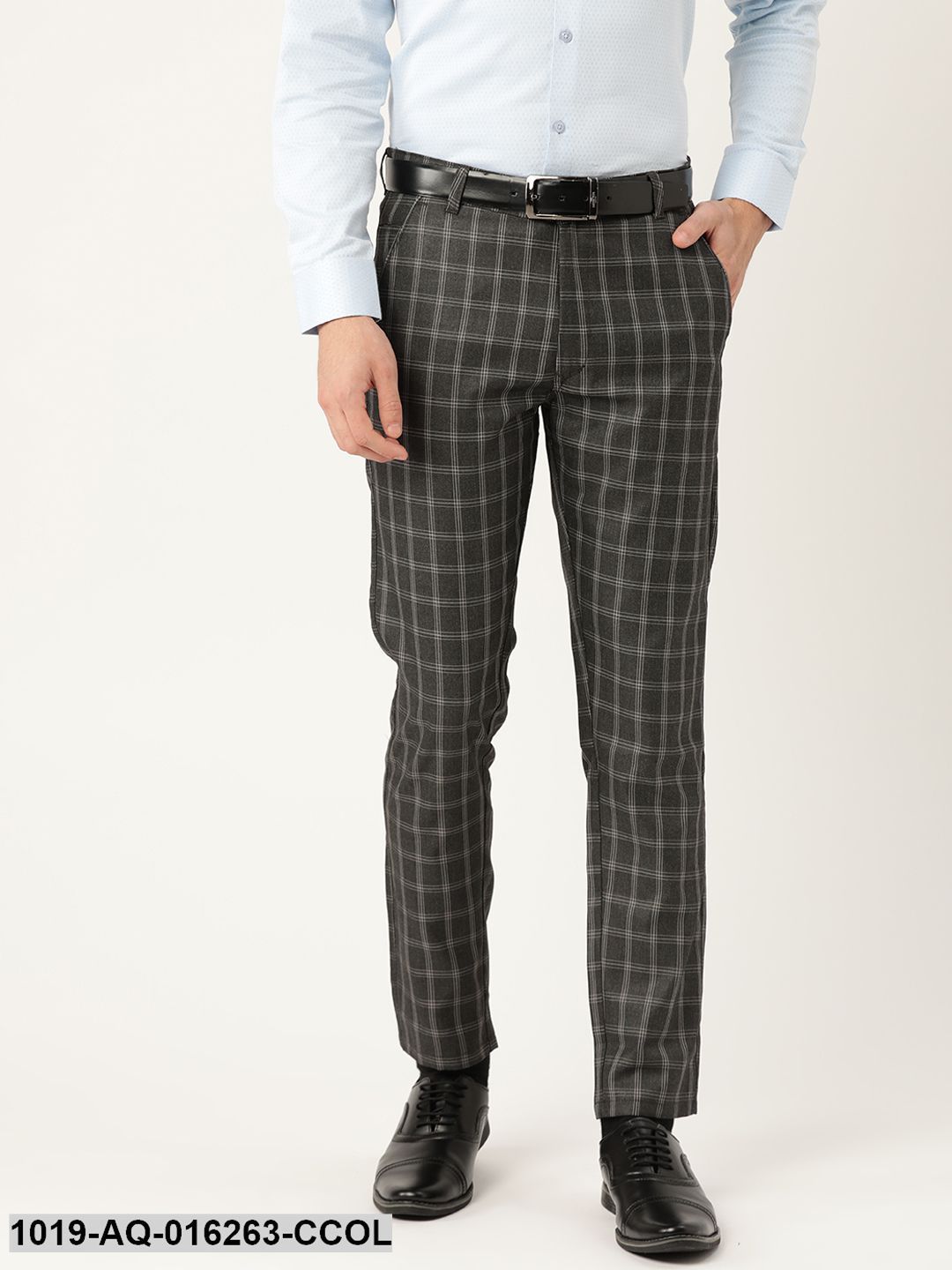 Men's Cotton Blend Charcoal Grey & Grey Checked Formal Trousers