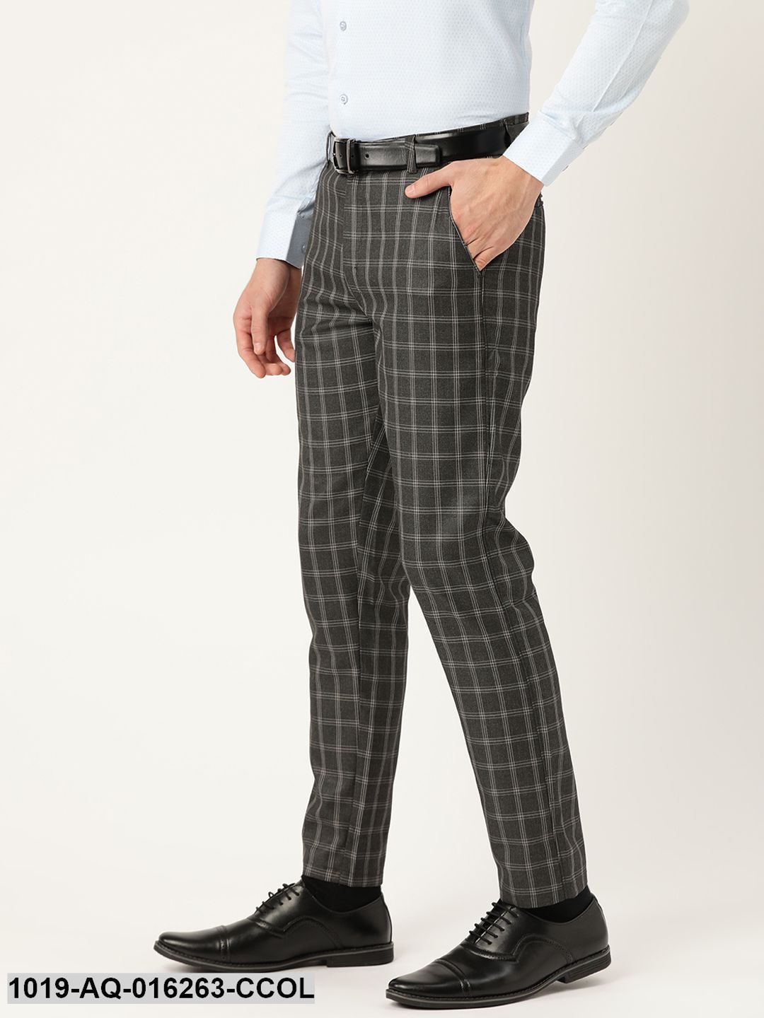 Men's Cotton Blend Charcoal Grey & Grey Checked Formal Trousers