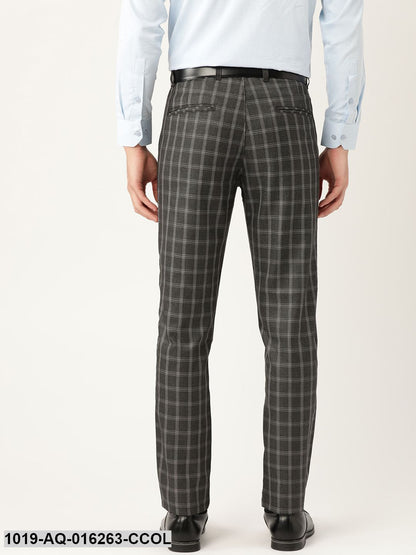 Men's Cotton Blend Charcoal Grey & Grey Checked Formal Trousers