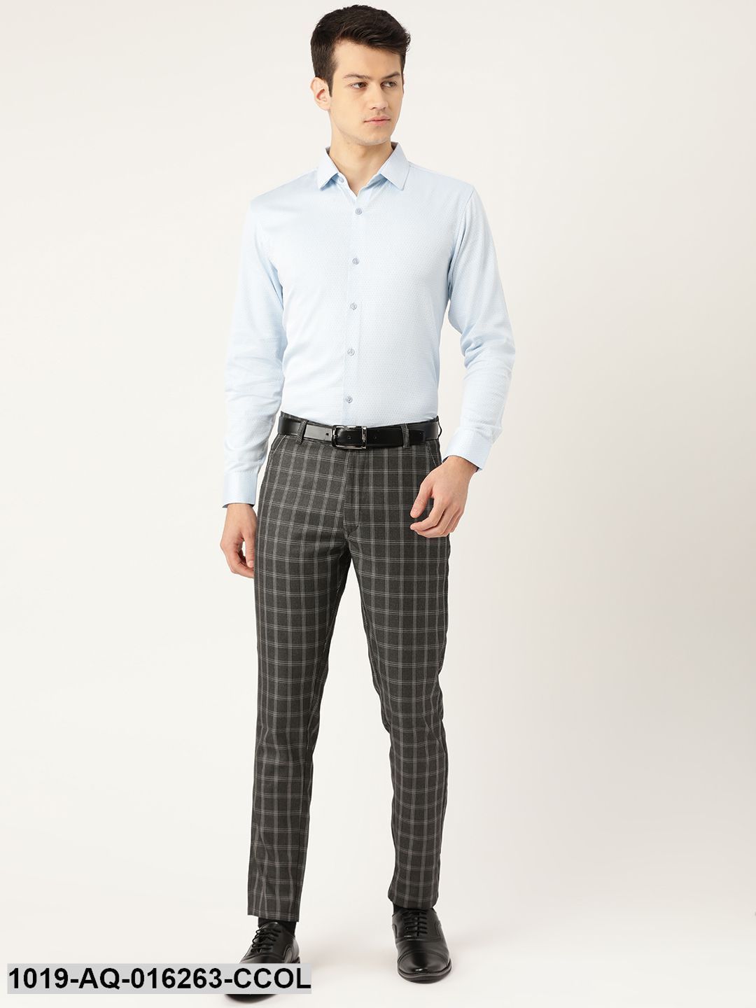 Men's Cotton Blend Charcoal Grey & Grey Checked Formal Trousers