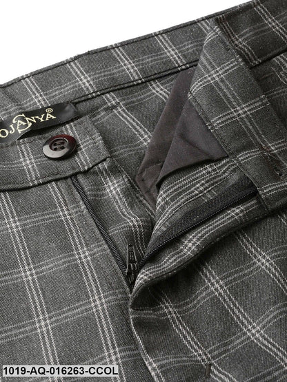 Men's Cotton Blend Charcoal Grey & Grey Checked Formal Trousers