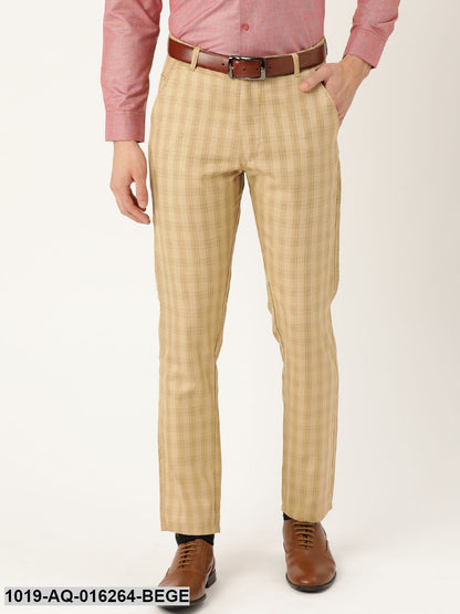 Men's Cotton Blend Beige & Green Checked Formal Trousers