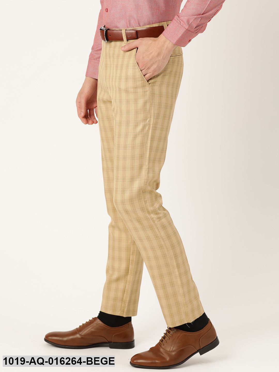 Men's Cotton Blend Beige & Green Checked Formal Trousers