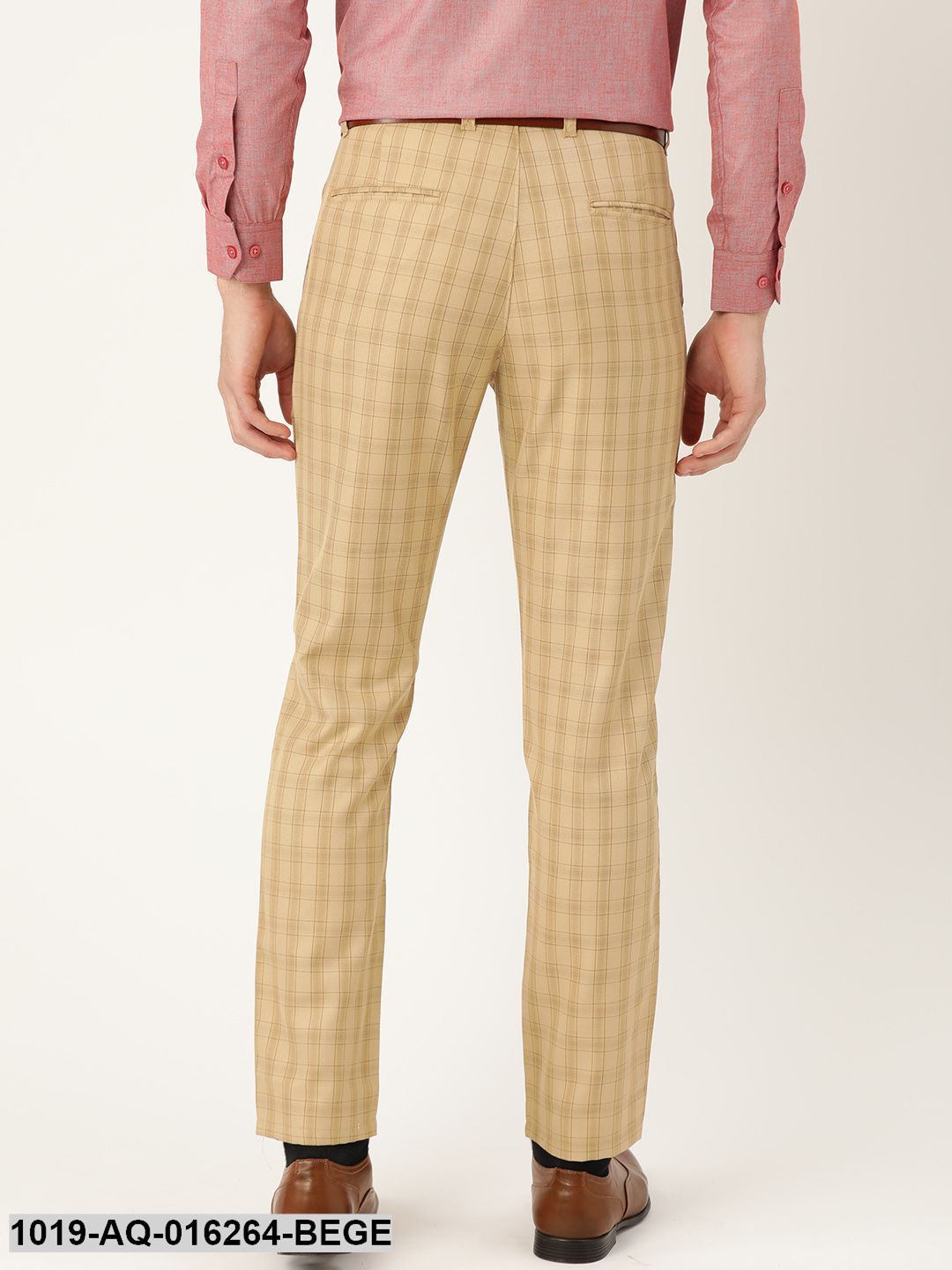 Men's Cotton Blend Beige & Green Checked Formal Trousers