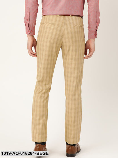 Men's Cotton Blend Beige & Green Checked Formal Trousers